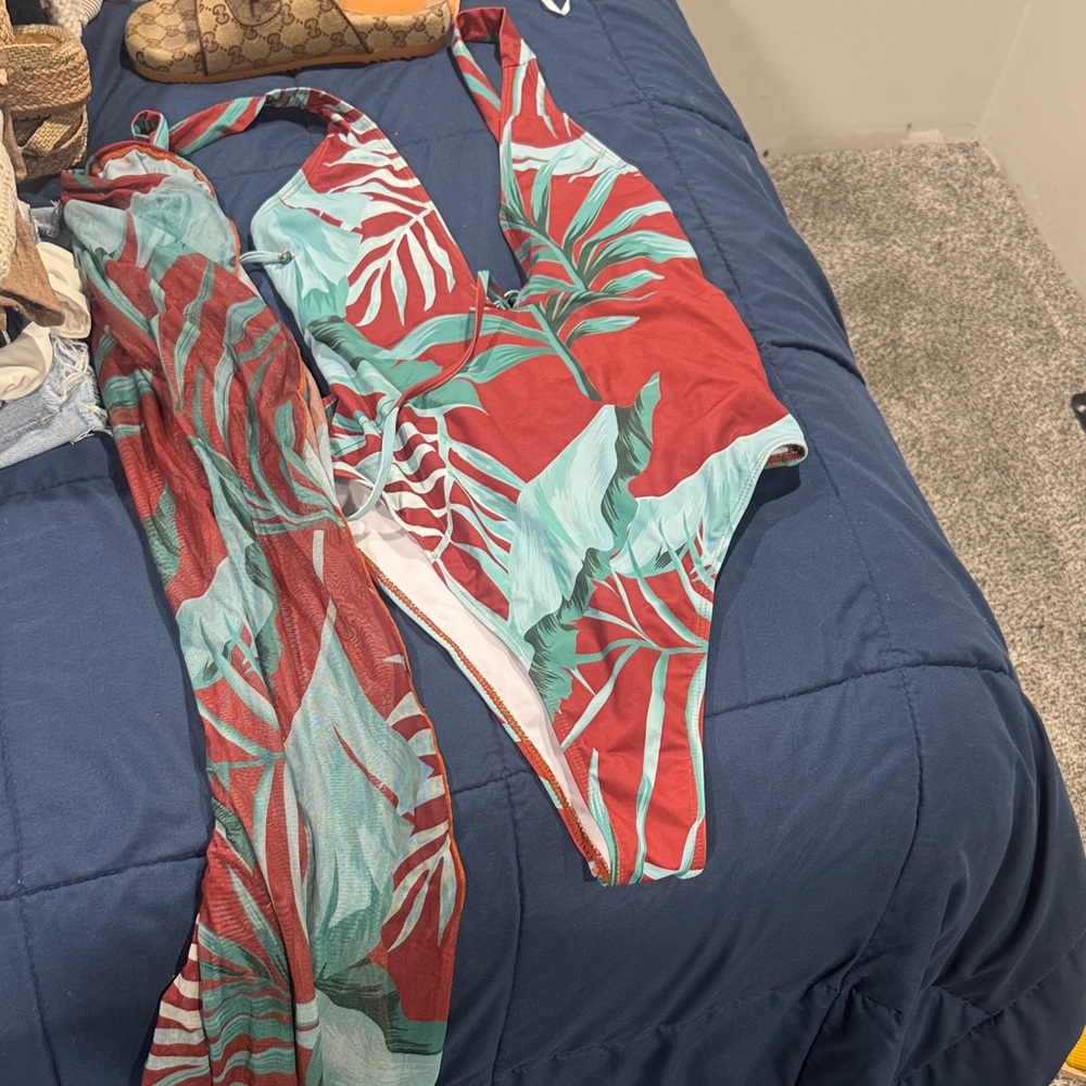 Tropical Red and Green One-Piece Swimsuit